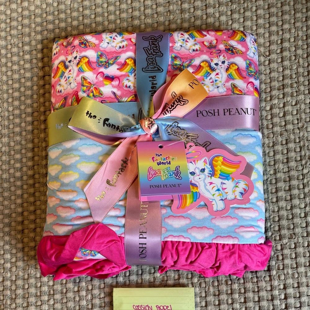 Posh Peanut Lisa Frank Angel Kitty & Rainbow Clouds Ruffled Luxe Patoo Blanket